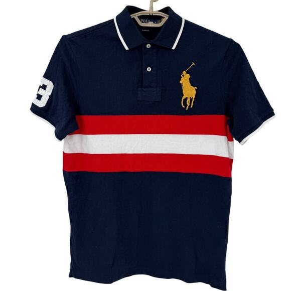 Polo Ralph Lauren Mesh Shirt LARGE Gold Metallic Pony Applique 3 Blue Medium - Picture 1 of 6